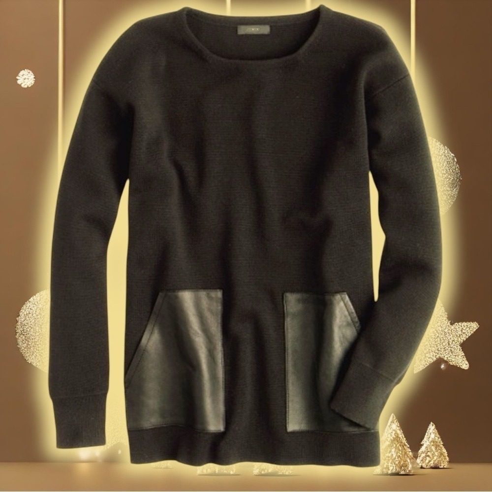 NWOT J. Crew Black ‘100% Merino Wool & Genuine Leather Pocket Sweater’ Size XS